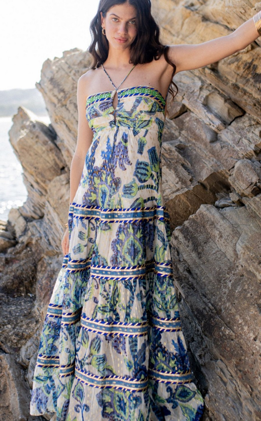 vestido largo azul blanco