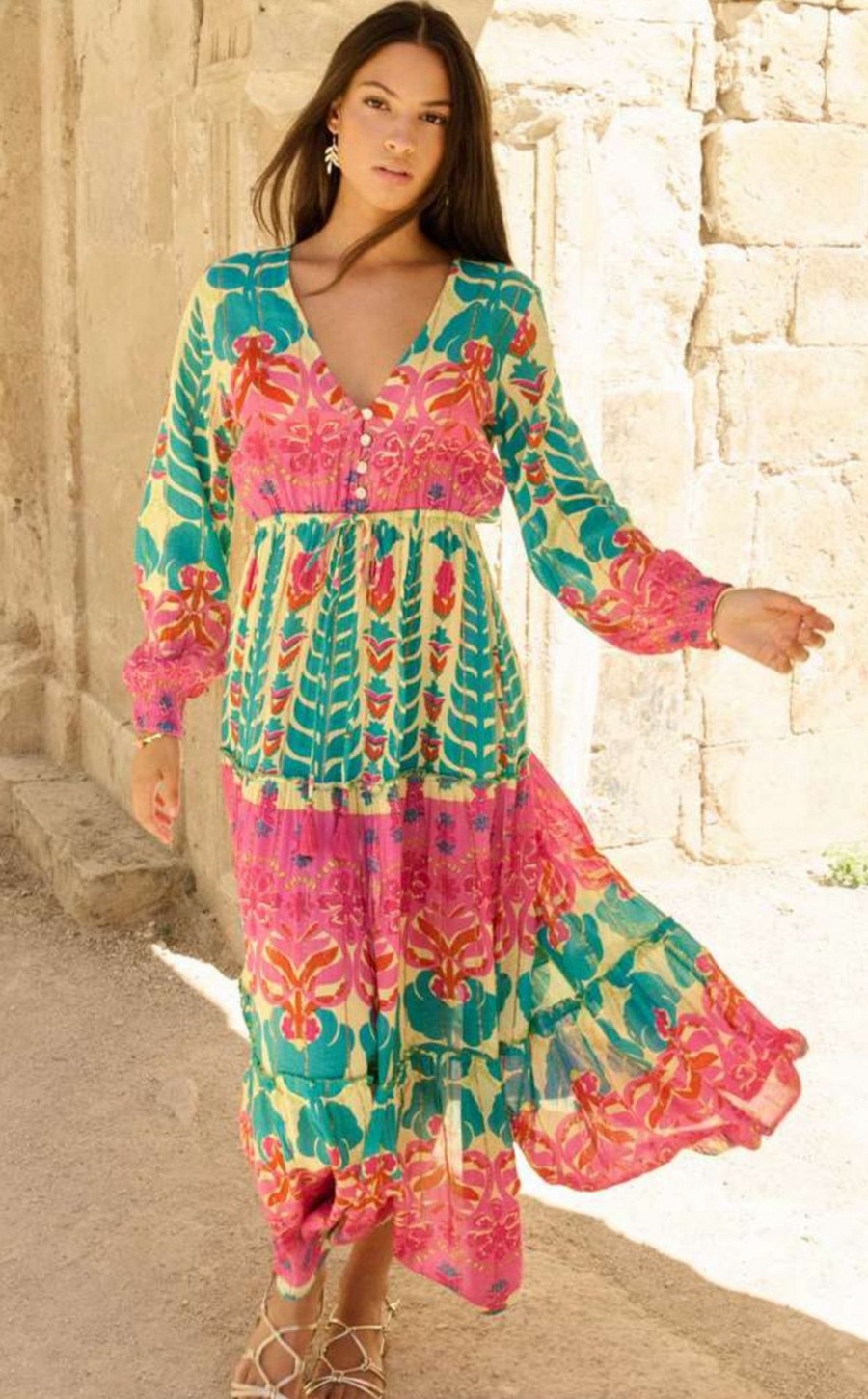 vestido largo verde rosa